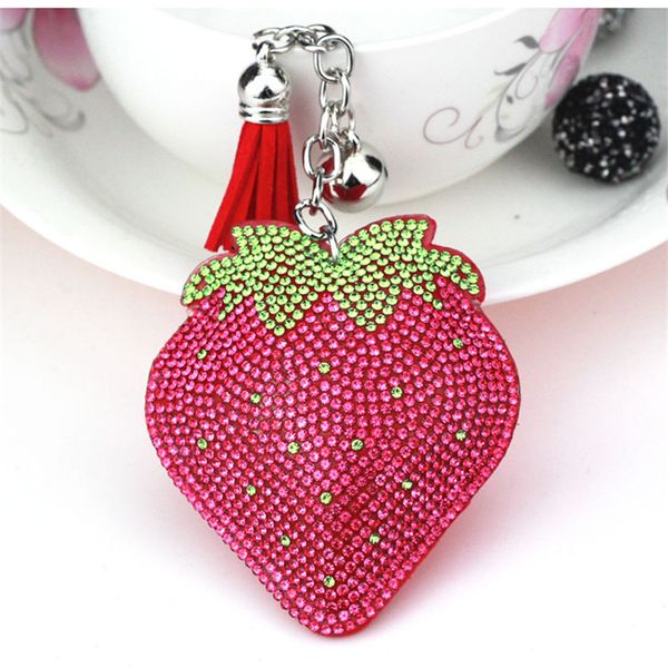 

fashion rhinestone pu leather tassels strawberry women keychain bag pendant alloy car key chain ring holder cute kids jewelry, Silver