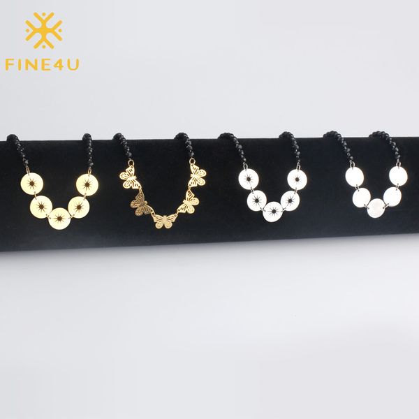 

fine4u n133 stainless steel butterfly coin choker necklace black beads necklaces for women girl gifts 2019 rosary jewelry, Golden;silver