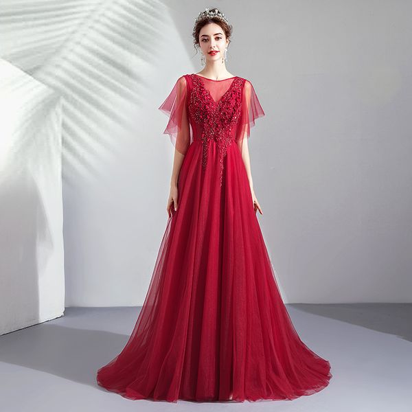

cross-border new wine red aesthetic evening dress bride evening dress, Black;red