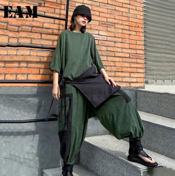

eam] wide leg pants asymmetrical two piece suit new round neck half sleeve loose fit women fashion spring autumn 2020 1s007, White