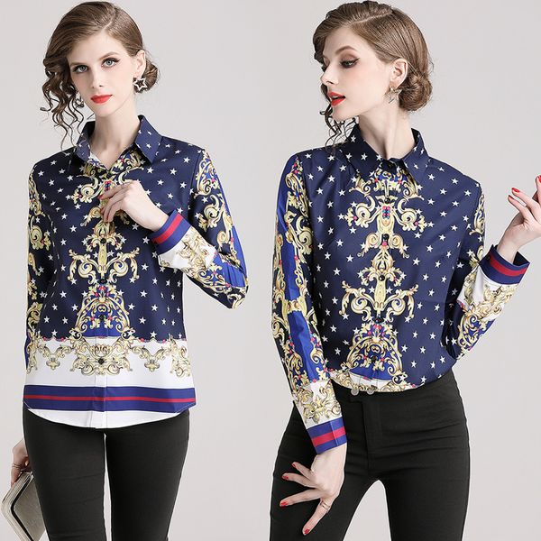 

2019 elegant runway floral blouses women long sleeve lapel neck ladies button front print shirt plus size office slim designer, White