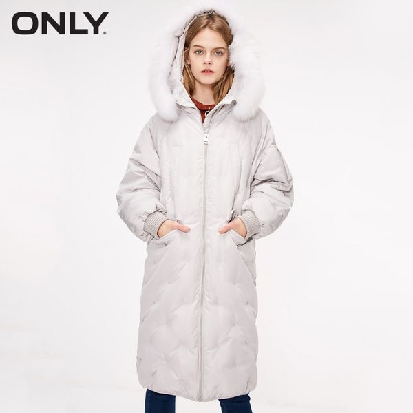 

only women's raglan sleeves embroidery long hooded white duck down jacket |118312574, Black