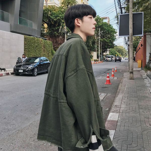 

2018 autumn new loose fashion solid color simple casual jacket bf wind handsome men's wild cotton black / army green size m-2xl, Black;brown