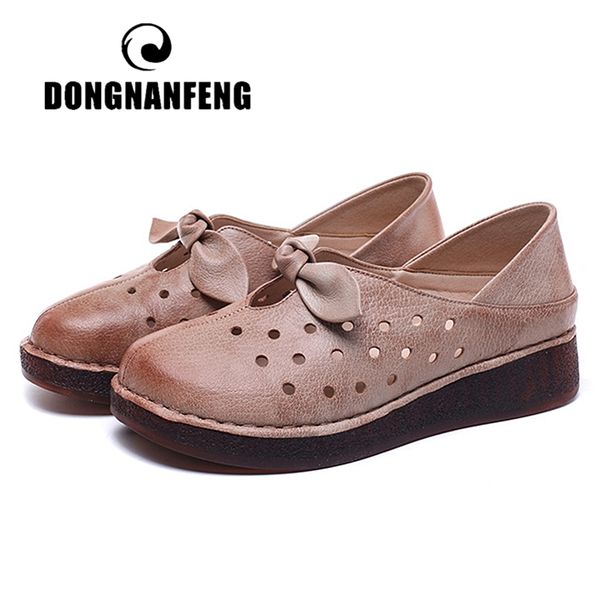 

dongnanfeng women female ladies mother genuine leather flats shoes sandals summer cool soft casual beach hollow slip on fr-51921, Black