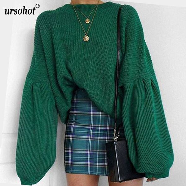 

ursoautumn winter women jumpers ladies loose warm knitted sweaters woman long puff sleeve sweater pull femme pullovers, White;black