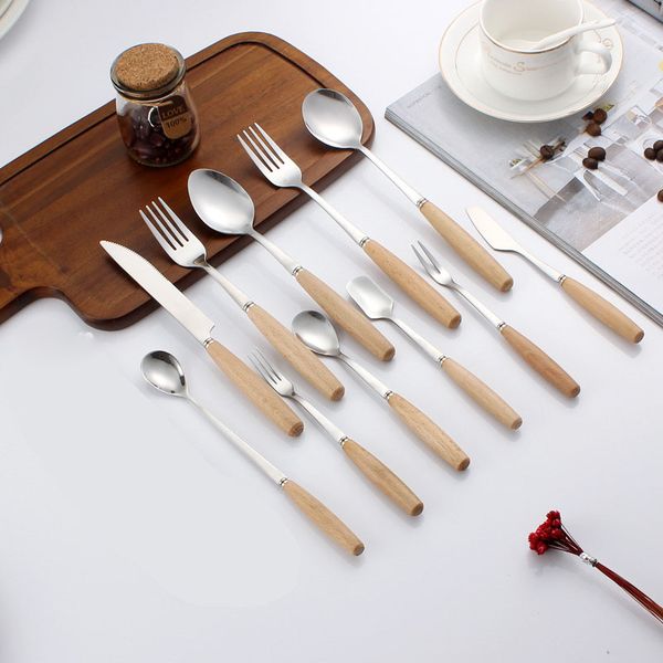 

11 styles flatware set cutlery spoon fork knife tea spoon dinnerware kit stainless steel dinnerware set kitchen utensil with wood handle
