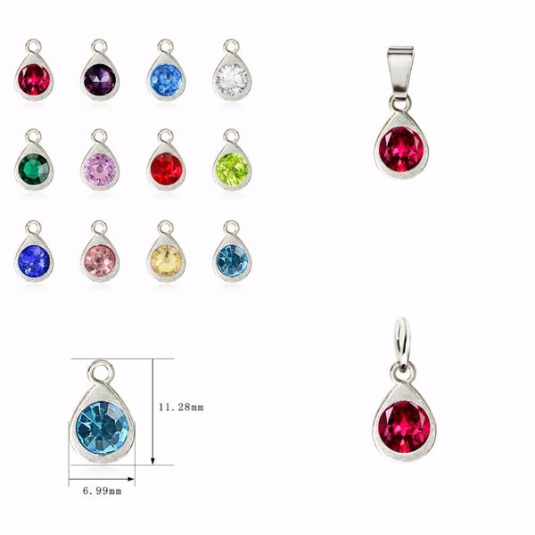 

new 12pcs tear drop water drop bling birthstone pendant with open ring dangle charms fit bag necklace diy women jewelry making, Silver