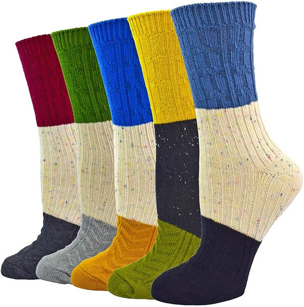 

5 pairs women's cotton knit crew socks colorful casual warm winter boot socks, Black;white