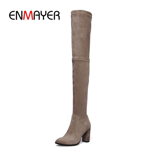 

enmayer botas mujer women pointed toe over the knee boots women solid high heel boots big size 34-43 zyl986, Black