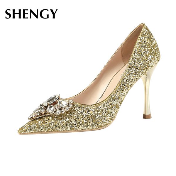 

shengy pointed toe shallow mouth high heels rhinestone nightclub thin heels women's shoes banquet wedding bling shoes, Black