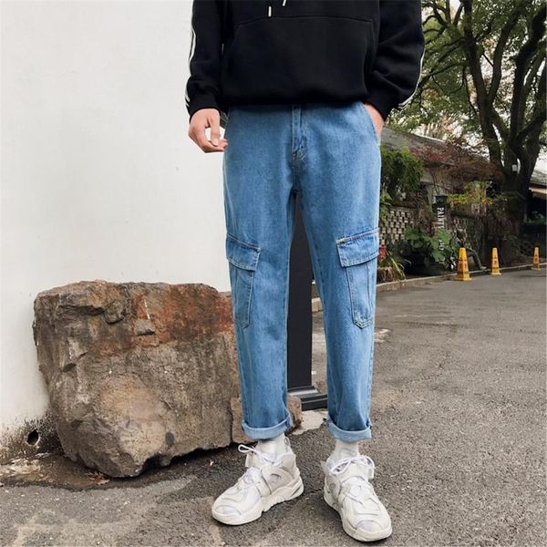 

autumn and winter thickened straight jeans fashion brand korean loose tooling pants harajuku style bf fashion all-match pants, White;black