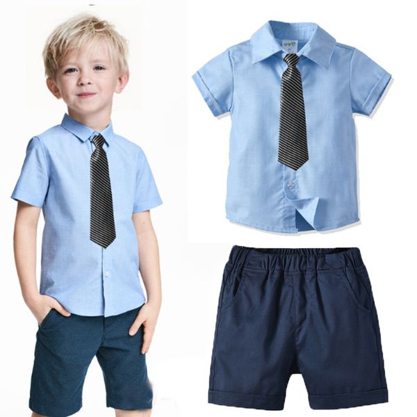 

baby boy clothes boy blue shirts with short pants children fashion gentleman baby sets kids casual party outfits, White
