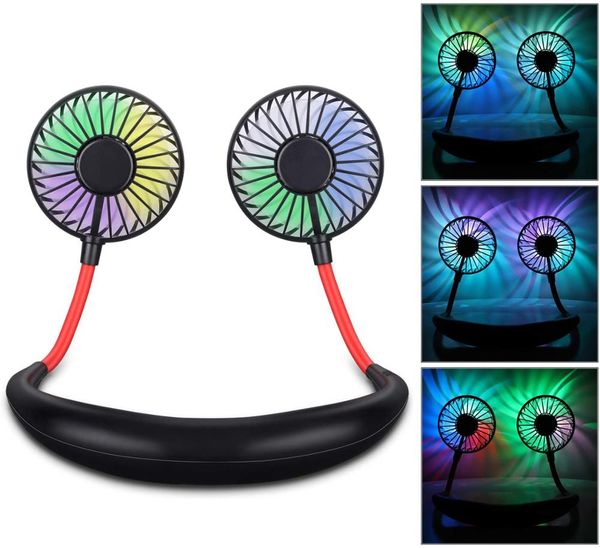 

2020 new hands-neck band hands-hanging usb rechargeable dual fan for summer mini air cooler with color changing led aromatherapy