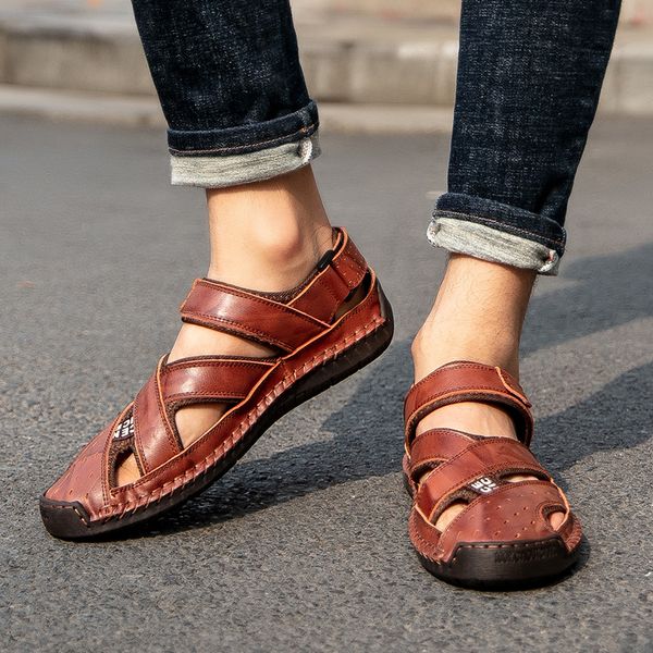 

handmade 2020 new male sandals summer genuine leather men shoes beach sandals man fashion outdoor casual sneakers big size 48, Black