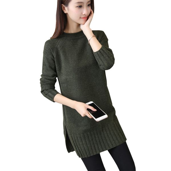 

autumn and winter new korean knitted women's long pullovers raglan sleeves rolled collar sweaters hem split wool sweater, White;black