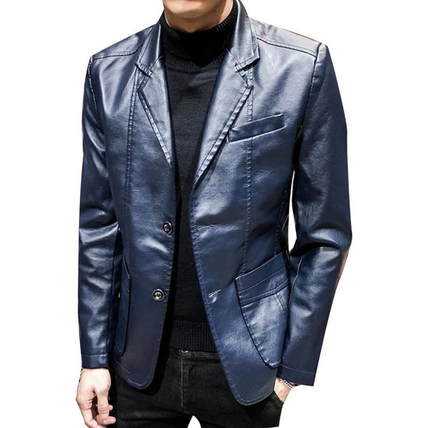 

autumn winter men solid color faux leather suit jacket long sleeve lapel blazer, Black