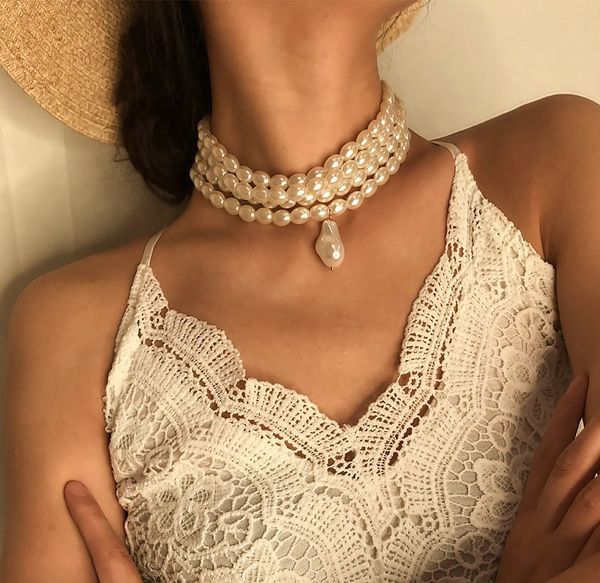

new fashion multilayer white imitation pearl choker necklaces for women jewelry irregular pearls pendant wedding bib necklace 2019, Golden;silver