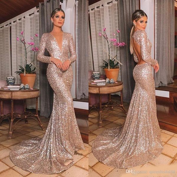 

simple open back mermaid evening dresses deep v neck long sleeves sequined prom dresses formal party gowns ogstuff vestidos, Black;red