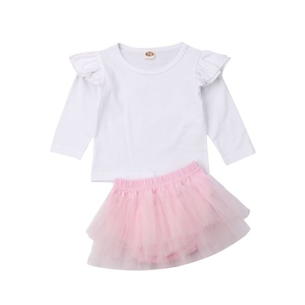 

cute newborn infant baby girls clothes ruffled long sleeve romper shirts + lace layer tutu skirts short dress outfits set, White