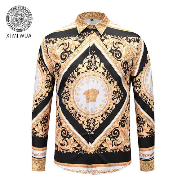

2019 brand new slim men shirt retro colour 3d floral printing fashion casual dress men shirts men's medusa shirts, White;black
