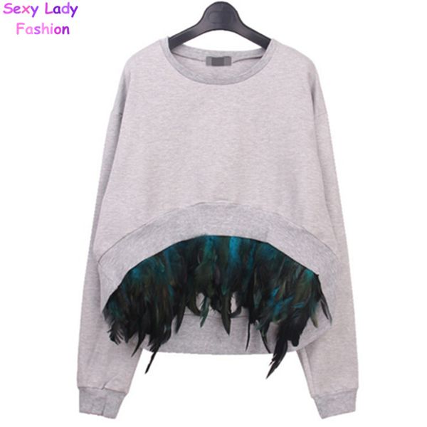 

removable stitching feather hem pullovers sweatshirt new women irregular hem long sleeve hoodies sweats jumpers femme 3 colors, Black