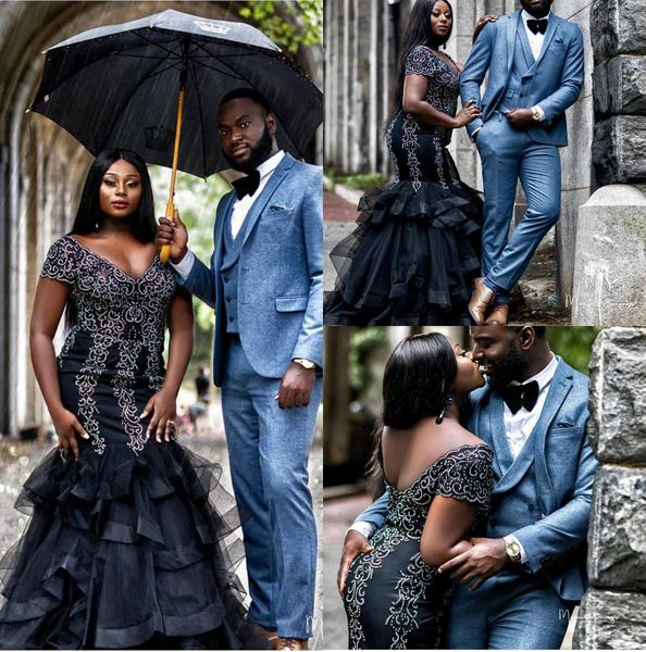 

african mermaid prom dresses long v neck ruffle skirt black evening dress backless special occasion party gowns formal wear