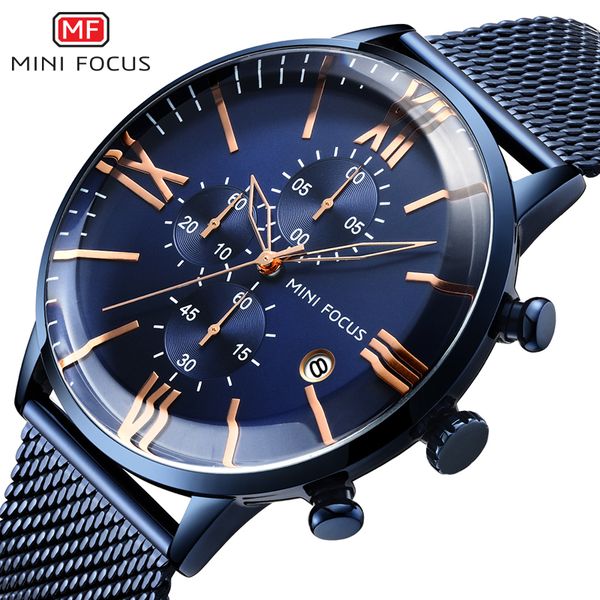 

mini focus men's chronograph quartz watches brand blue mesh strap wristwatch relogios masculino clock 3 bar waterproof 0236g, Slivery;brown