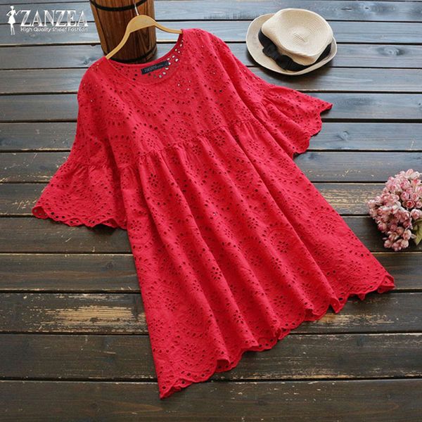 

2019 zanzea fashion embroidery blouse women's summer shirts hollow blusa casual half ruffle sleeve chemise female tunic 5xl, White