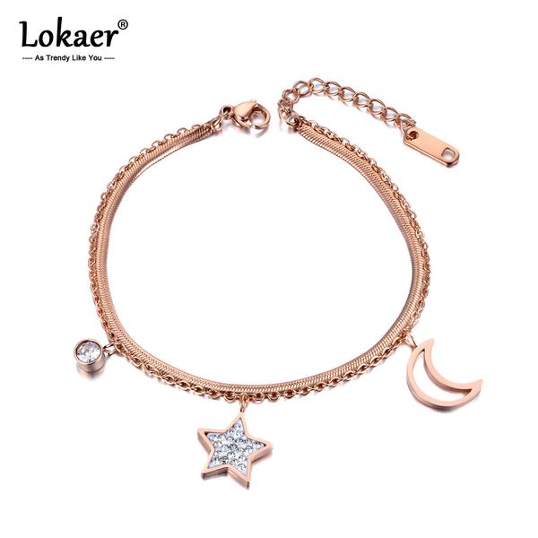 

lokaer star moon charm double layers women bracelet bangle stainless steel snake link chain bohemia summer beach jewelry b19019, Black