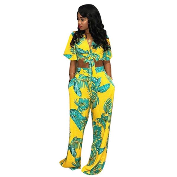 

fashion printed women's causal two piece set summer bow tie lace-up short shirt and pockets loose long pants outfit set, White