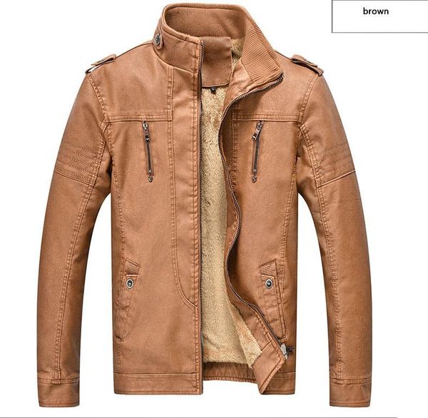 

men's leather retro washed pu plus velvet fashion leather outerwear men's leather jacket brand motorcycle jackets, Black