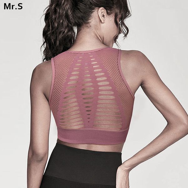

seamless fitness women sports bra high impact padded yoga bra cut out gym racerback pink hollow out mesh crop top, White;black