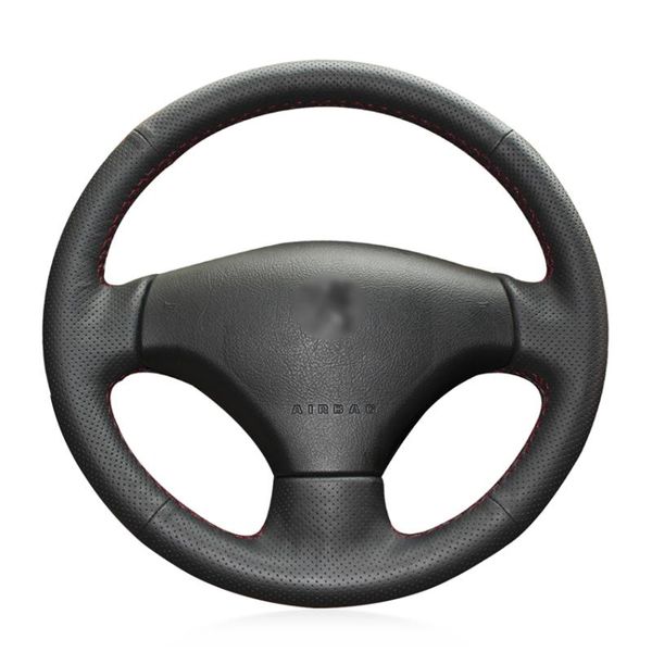 

hand sew black genuine leather car steering wheel cover for 206 2007-2009 207 c2