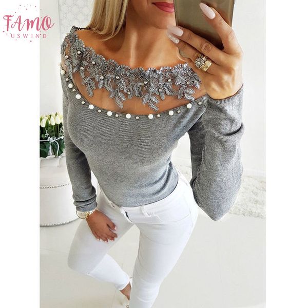 

off shoulder lace blouse women winter casual long sleeve lace patchwork women blouse shirt tunique femme manche, White