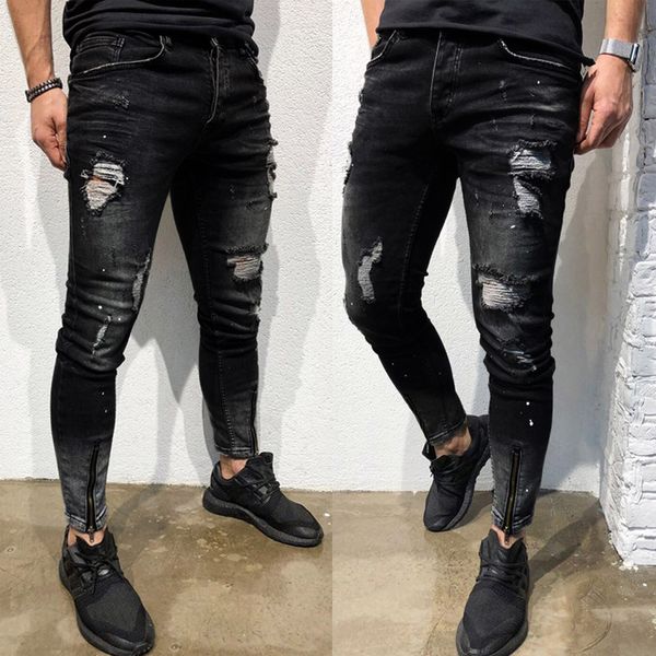 

new fashion casual mens skinny stretch denim pants distressed ripped freyed slim fit jeans trousers for male drop shipping, Blue