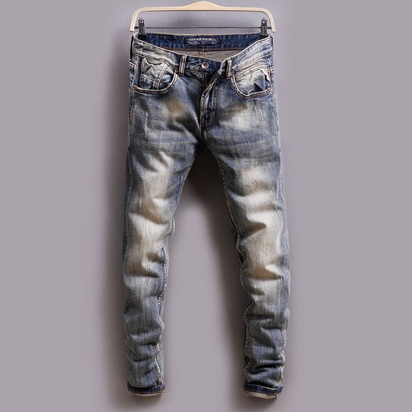 

italian style fashion men jeans retro washed elastic slim fit classical jeans streetwear vintage designer men, Blue