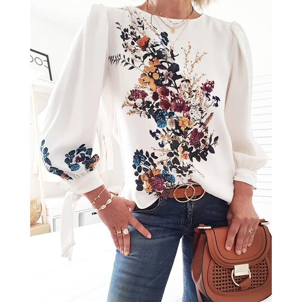 

women flora printed long sleeve loose style pullover blouse chic casual spring fall fashion new trends shirt, White