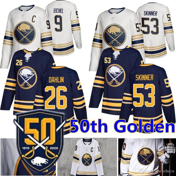 

2019 buffalo sabres 50th golden jersey 9 jack eichel 53 jeff skinner 26 rasmus dahlin hockey jerseys, Black;red