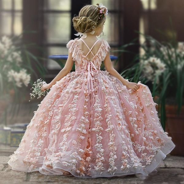 Bonito laço rosa flor meninas vestidos jóia pescoço frisado 3d floral appliqued criança pageant vestido espartilho volta crianças vestidos de baile304u