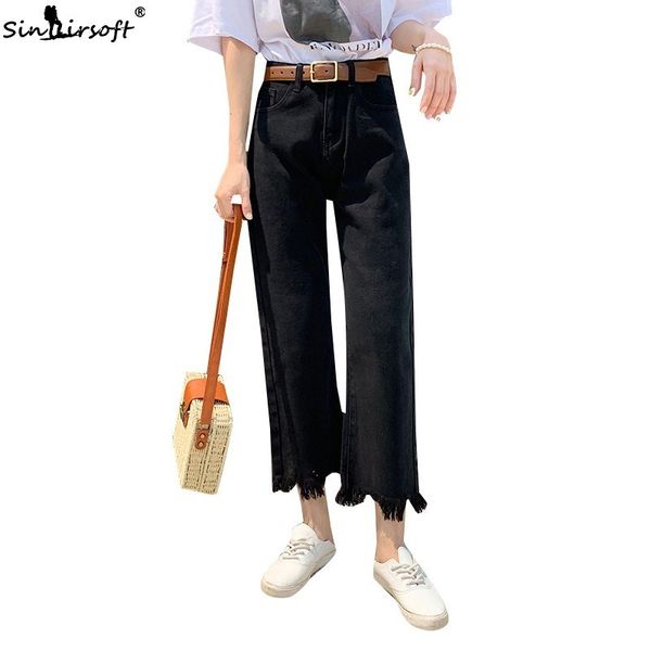 

high waist denim straight ankle-length pants women vintage loose streetwear jeans trousers female tassel belted summer clothing, Blue