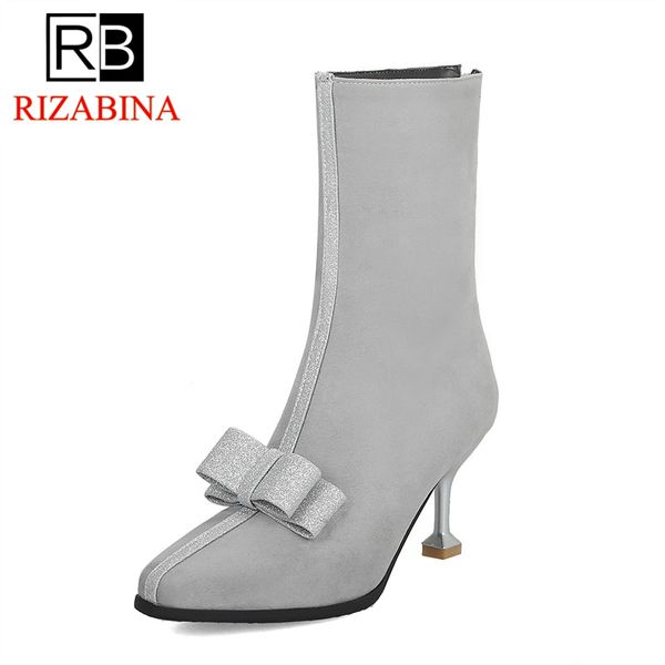 

rizabina size 35-46 women high heels boots bowknot shine mixed color woman shoes plush fur winter warm mid calf boots ladies, Black