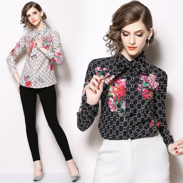 

new 2019 spring runway luxury floral print collar ol women's ladies casual office button front bow tie neck long sleeve blouses shirts, White