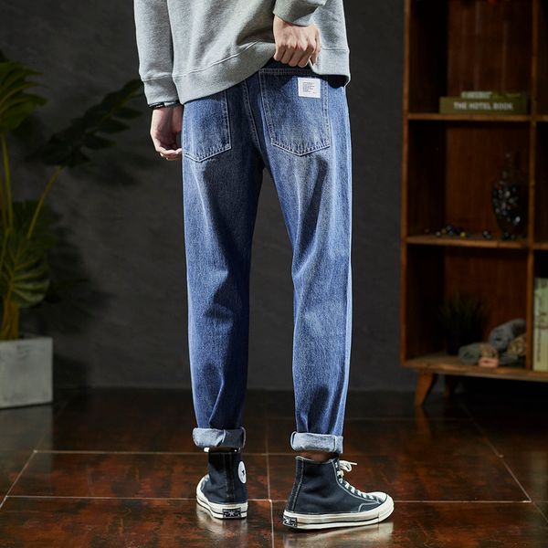 

tonlion 2020 spring new solid simple men jeans сыпучие полная длина джинсовые брюки для мужчин-man классический голубой straight jean pant c, Blue