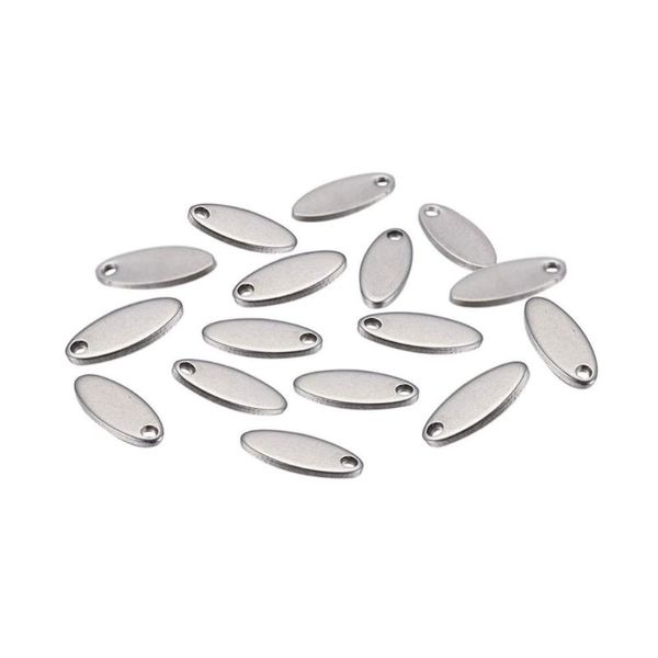 100 pz. 304 ciondoli in acciaio inossidabile che timbrano etichette di forma ovale vuota pendenti con bracciale gioielli 12x5x1mm, Foro: 1 mm