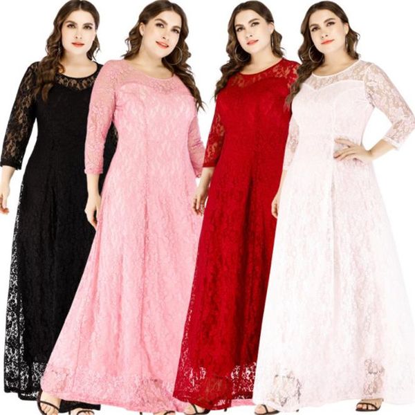 

Spring Plus Size Women Dresses O-Neck Lace Hollow Out Long Dress Women Casual Party Dresses Female Clothes