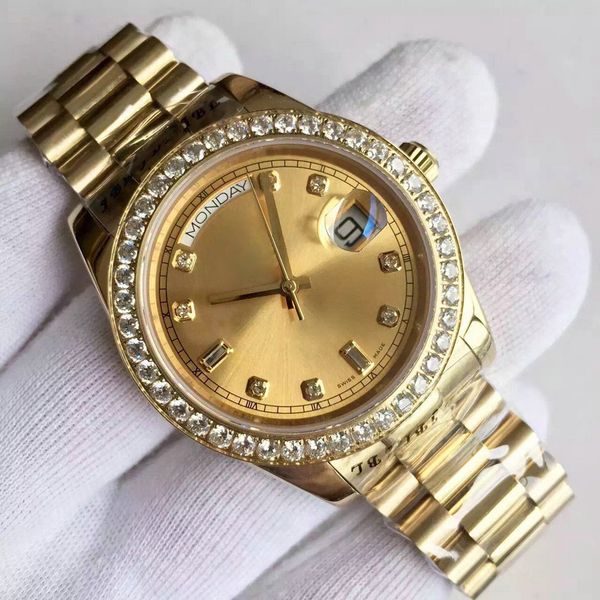 

automatic mechanical watch daydate series 218348a-82318 diamond 18k gold 41 mm gold dial 2813 movement automatic men wristwatch, Slivery;brown