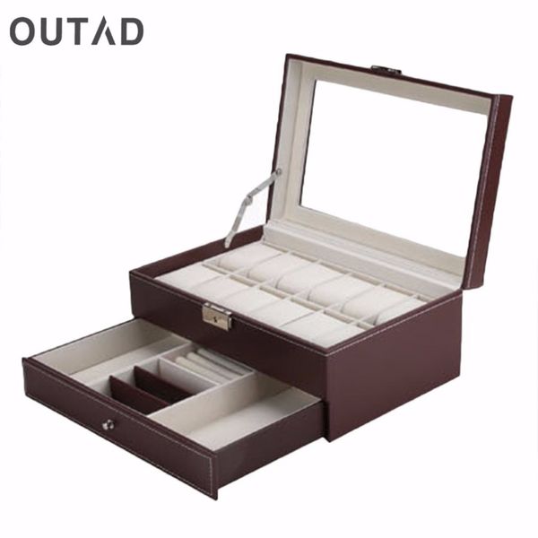 

12 grids slots watches storage double layers pu leather organizer box erarrings necklace jewelry display case holder brown color, Black;blue