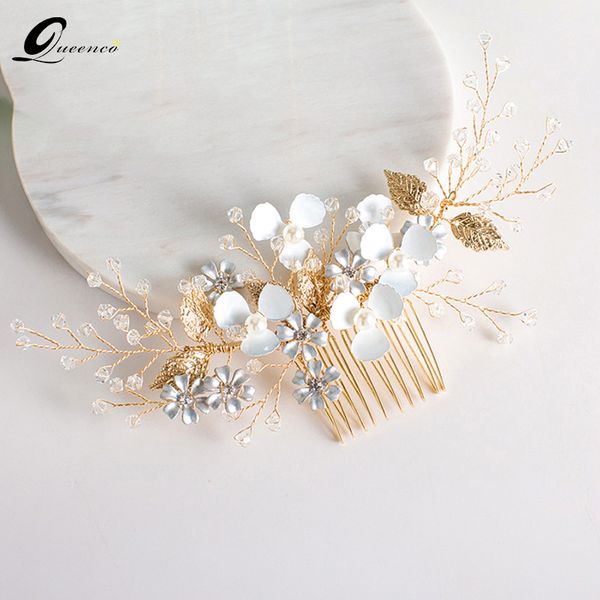 

vintage crystal gold leaf hairpins wedding hair accessories bridal hair jewelry women combs rhinestone headpiece ornaments, Golden;white