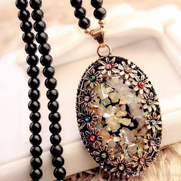 

retail style carved flower natural shells beaded necklace retro style blue element long sweater chain pendant necklace hip hop jewelry ne611, Silver