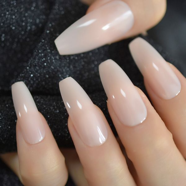 

nude orange natural shiny coffin nail long translucent salon fake nail full cover artificial ballerina nails, Red;gold